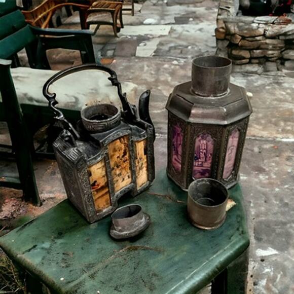 Antique Chinese Shantou Teapot & Tea Caddy-Lithograph Glass Panels-Metal-Asian - Picture 6 of 14